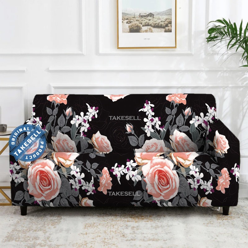 Black & Pink Mixed Floral Rose Garden Stretch Sofa Cover