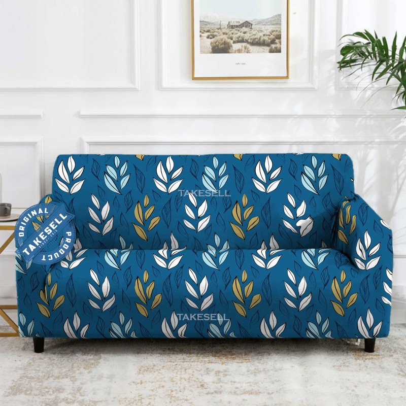 Modern Blue & Gold Stylized Leaf Stretch Sofa Cover