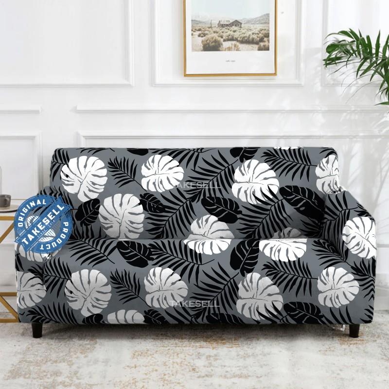 Monochrome Palm Leaf Sofa Cover