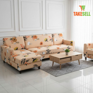 Soft Peach Floral Print Stretch Sofa Cover - Modern L-Shape Set