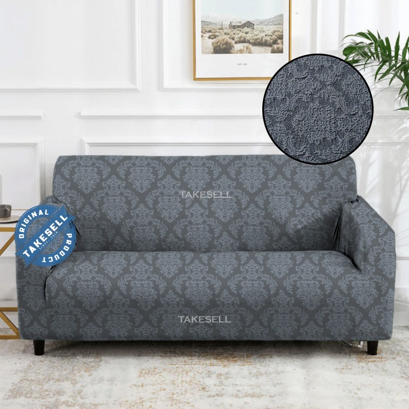 Charcoal Damask Ruffled Jacquard Sofa Cover Full Spandex 2+2+1