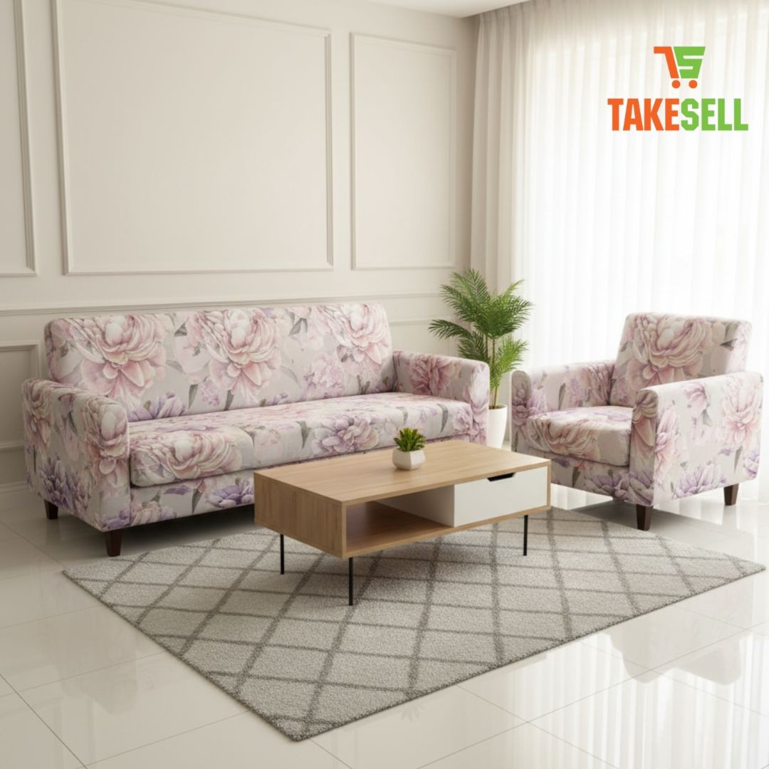 Muted Blue & Beige Flower Elastic Sofa Cover -