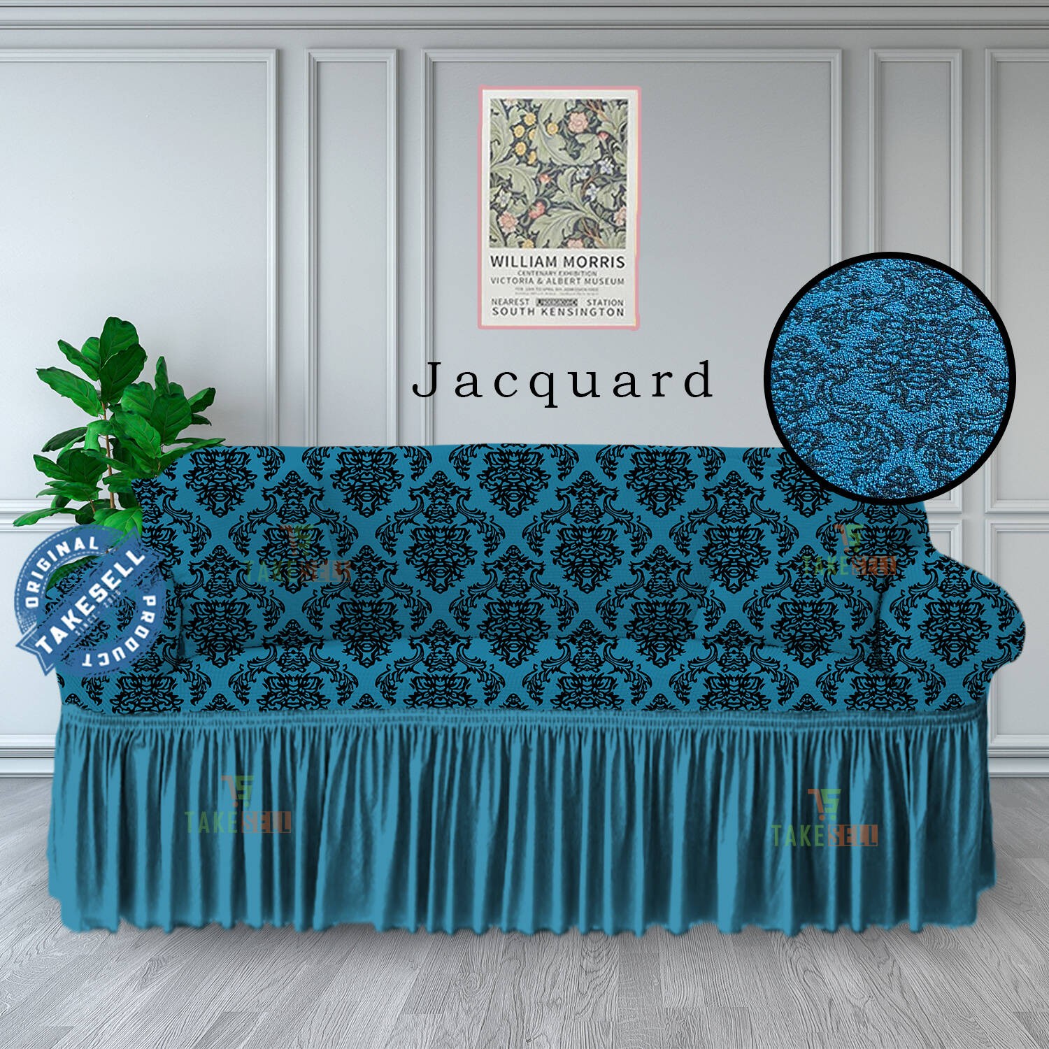 Teal Baroque Scroll Jacquard Sofa Cover