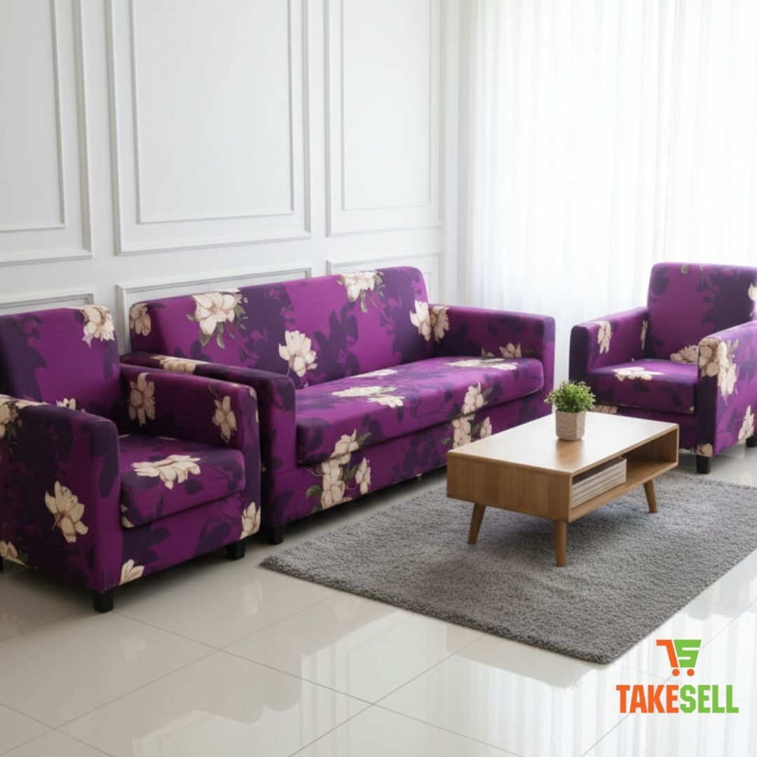 China Print Sofa Cover - Deep Purple & White Floral Pattern