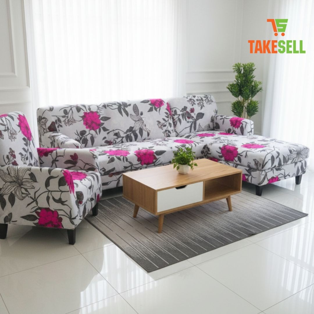 Bold Purple Floral Print Stretch Sofa Cover - Vibrant & Elastic