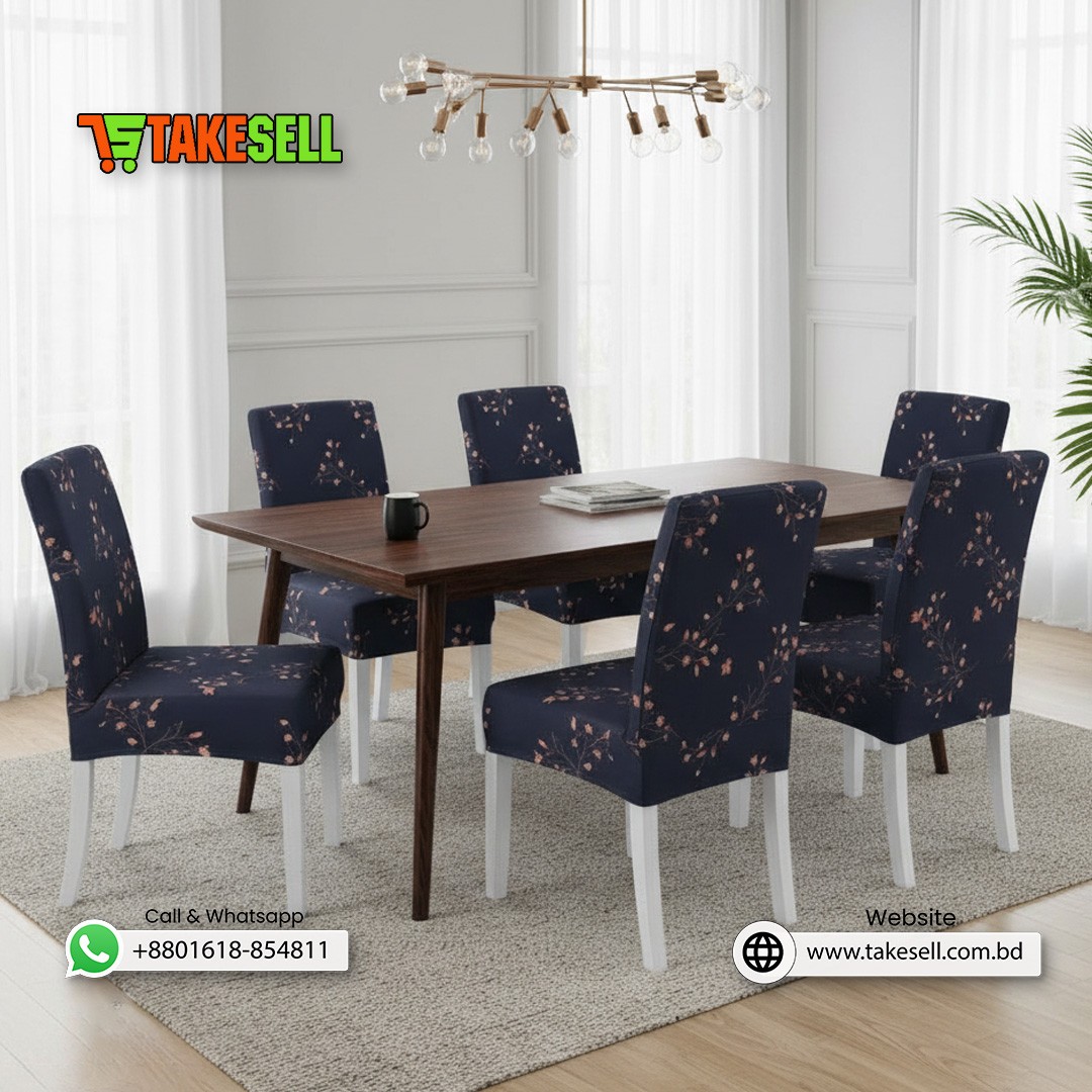 Navy Blue Cherry Blossom Stretch Dining Chair Cover