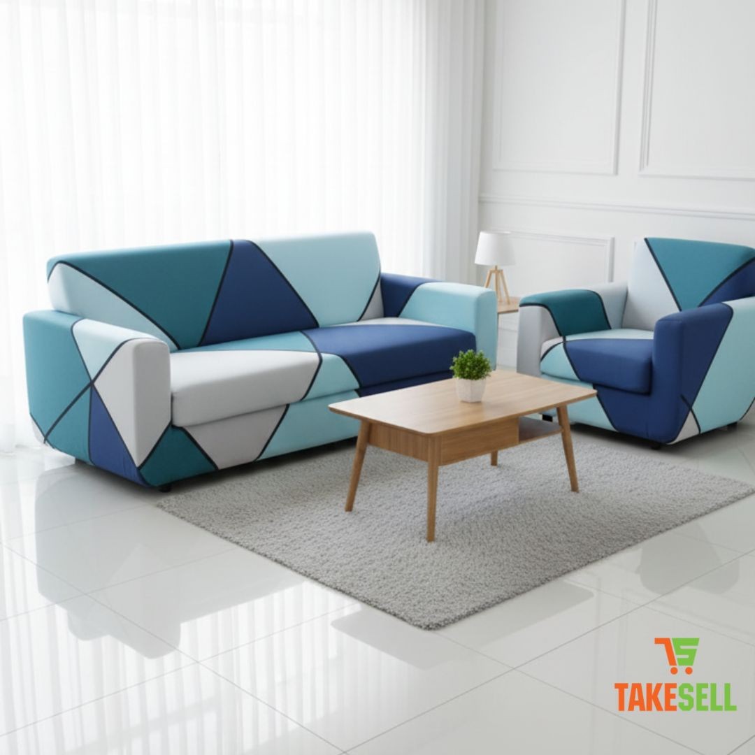 China Print Sofa Cover - Teal & Blue Geometric