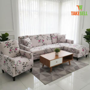 Soft Pink Delicate Floral Stretch Sofa Cover - L-Shape Set