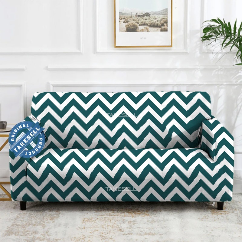 Teal & White Chevron Zigzag Stretch Sofa Cover