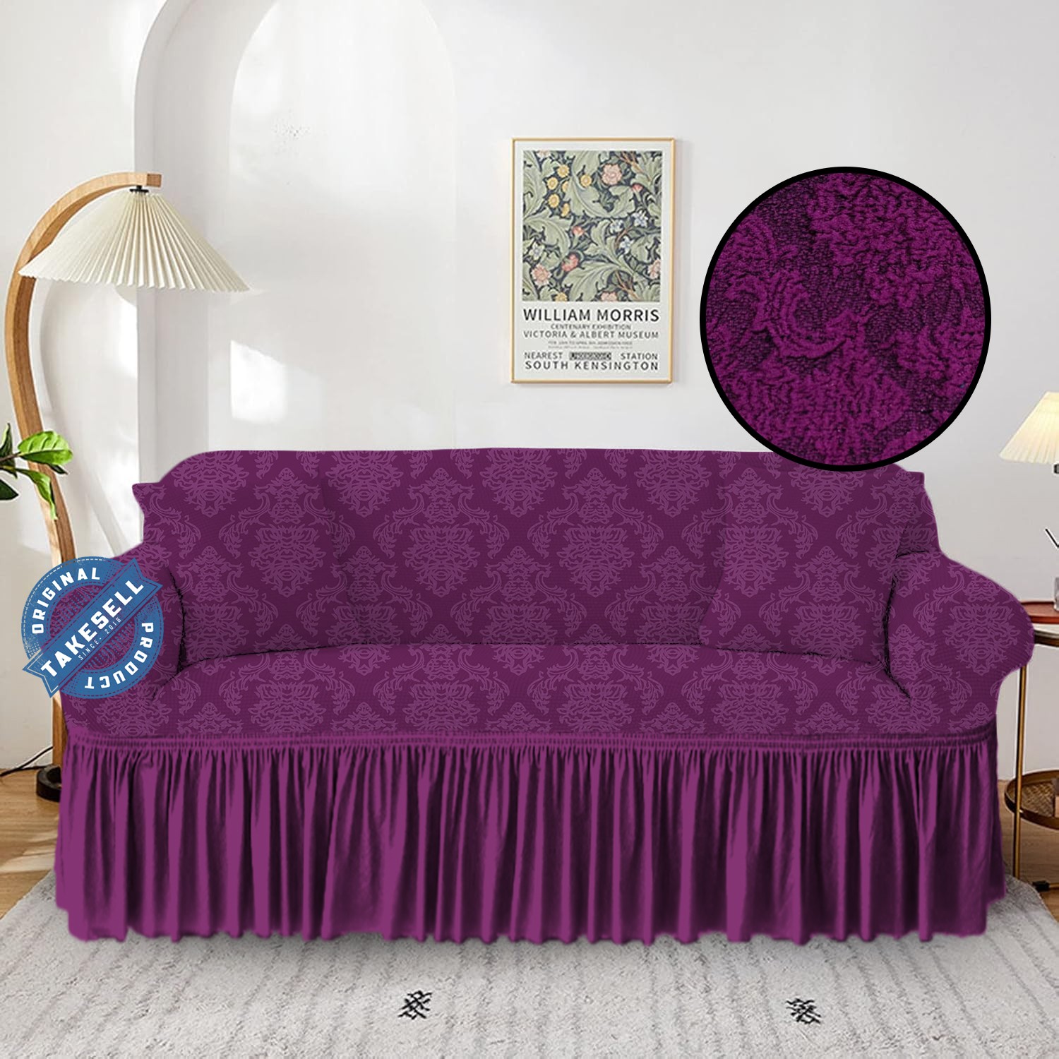 Fuchsia Floral Damask Ruffled Jacquard Sofa Cover 2+2+1