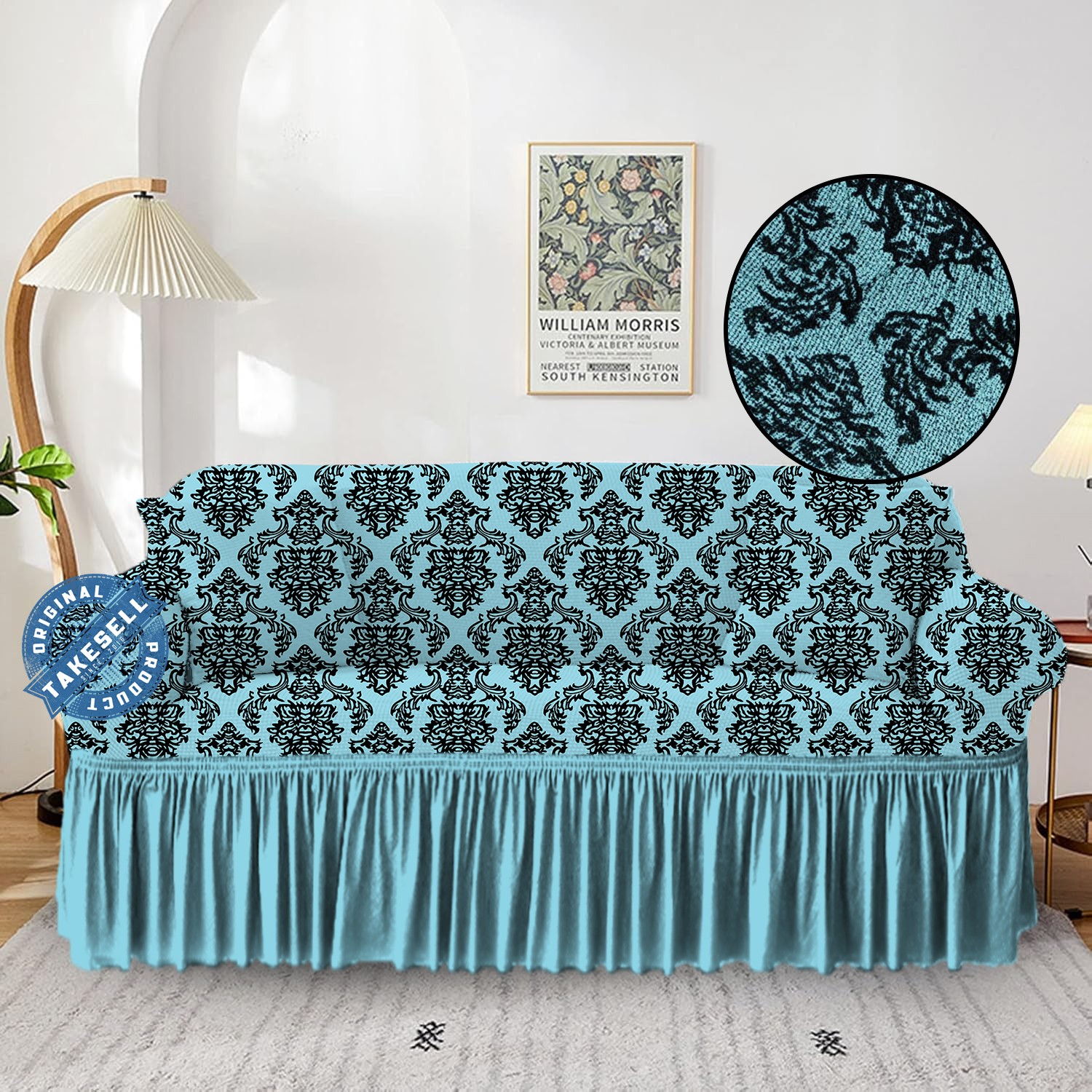 Bold Damask Ruffled Jacquard Sofa Cover 2+2+1