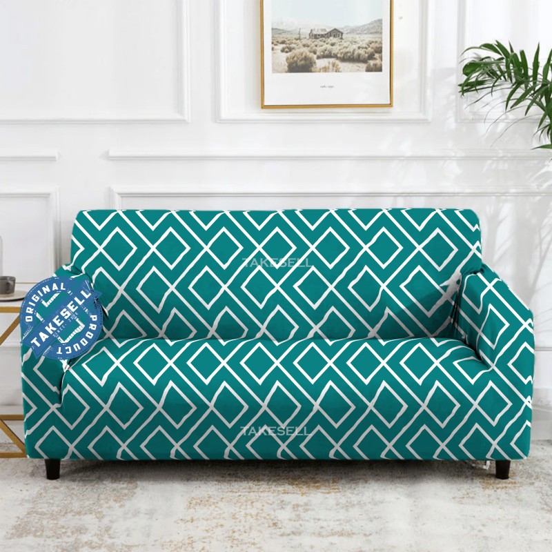 Teal Interlocking Geometric Diamond Stretch Sofa Cover