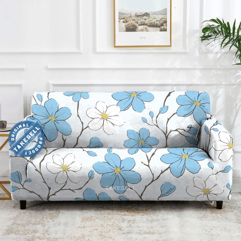 Sky Blue Blossom Stretch Sofa Cover