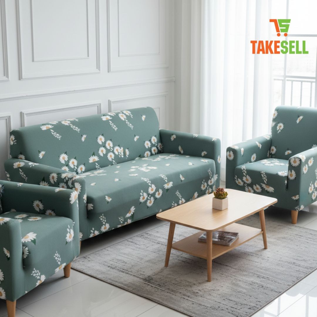 Elegant Blue-Grey Floral Print Stretch Sofa Cover