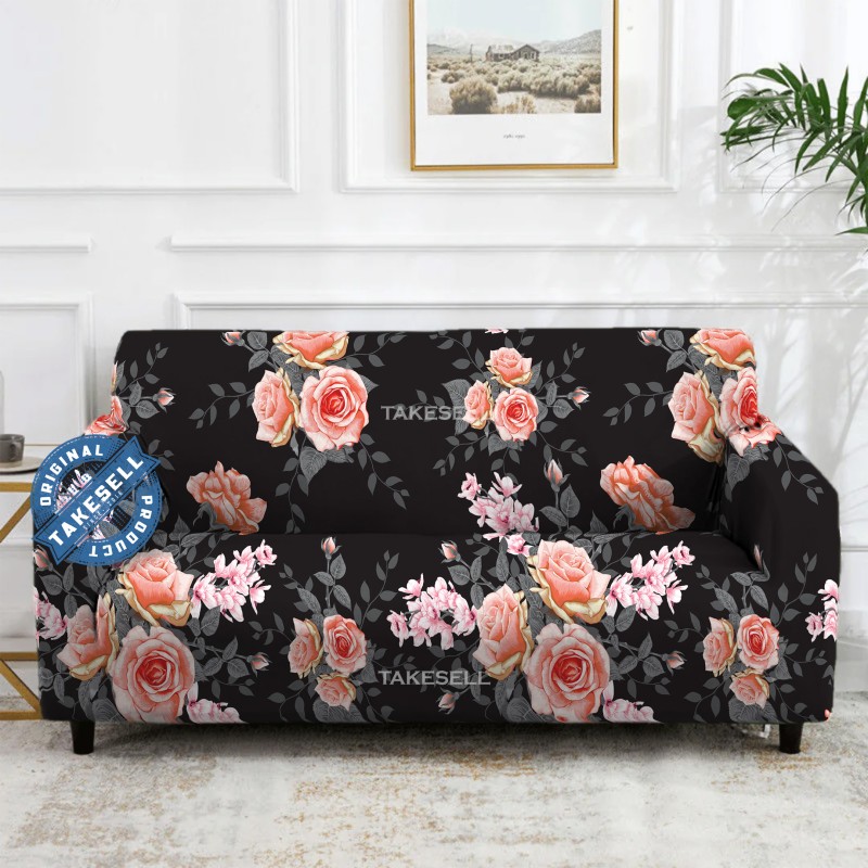 Black & Peach Romantic Rose Floral Stretch Sofa Cover