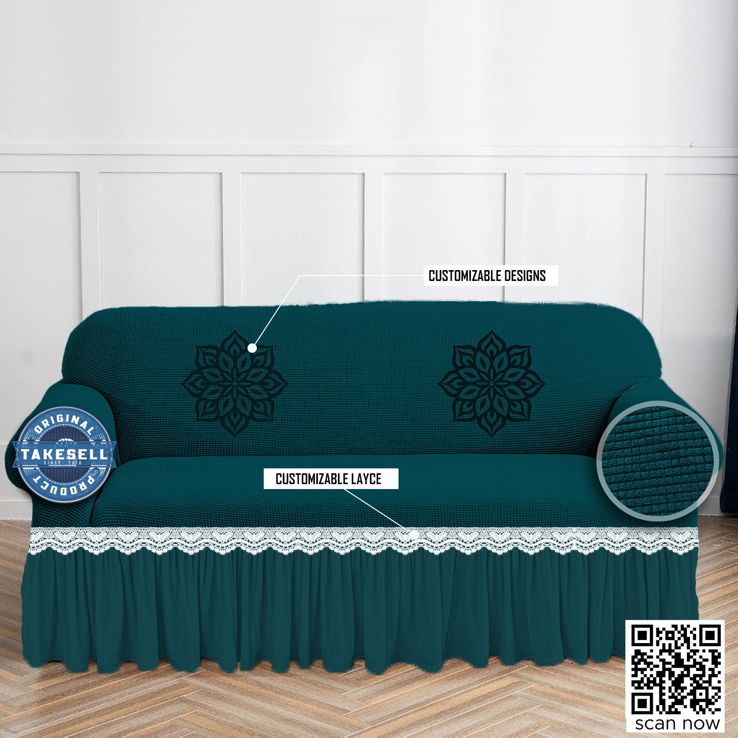 Combo Pack: Honeycomb Textured See Green Sofa Cover with FREE Cushion Cover