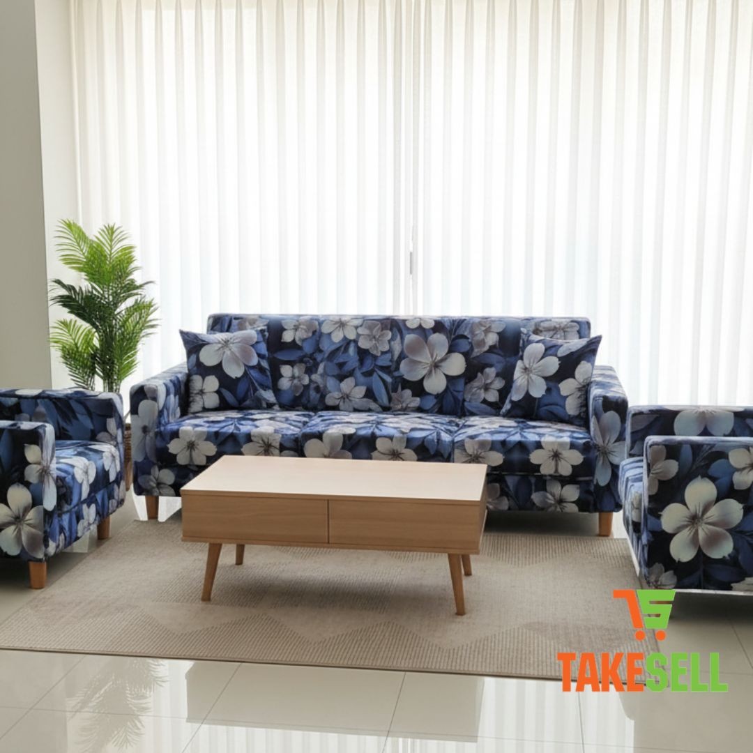 Midnight Blue Hibiscus Sofa Cover 2+2+1