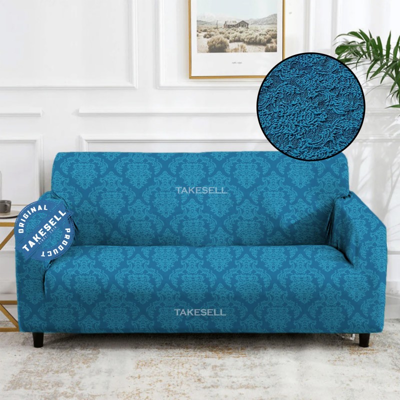 Royal Blue Tone-on-Tone Ruffled Jacquard Sofa Cover Full Spandex 2+2+1