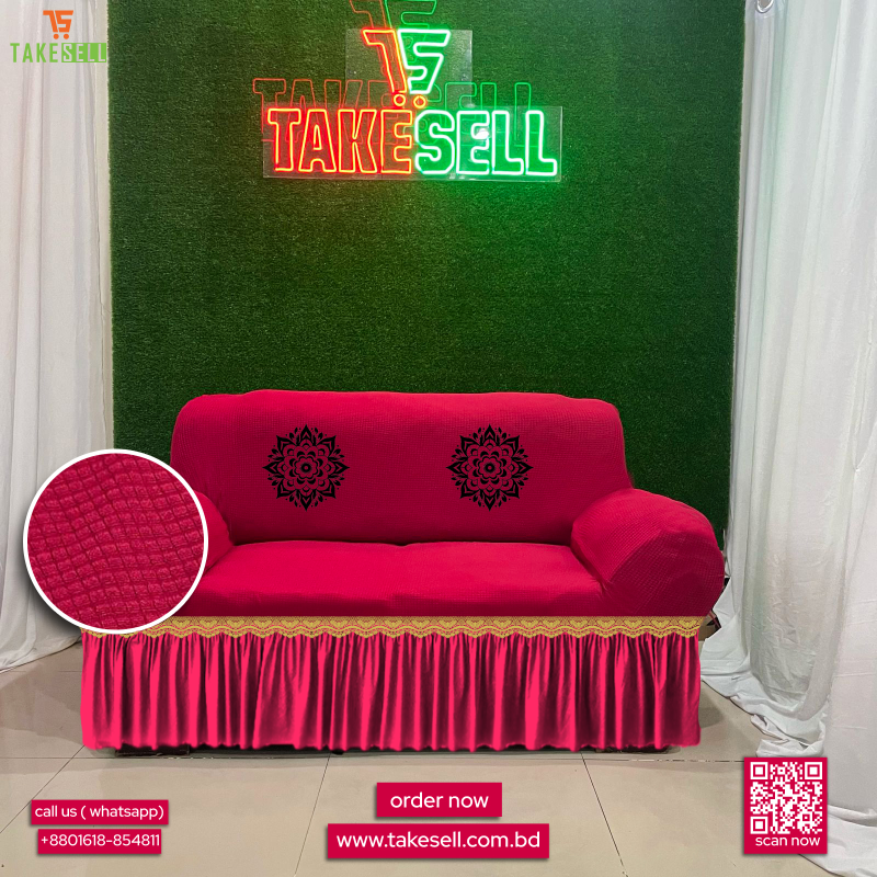 Combo Pack: Honeycomb Textured Red Sofa Cover with FREE Cushion Cover