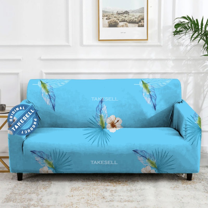 Blue Feather & Plumeria Sofa Cover