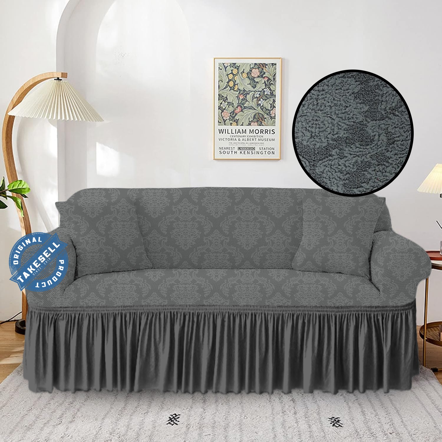 Charcoal Damask Ruffled Jacquard Sofa Cover 2+2+1