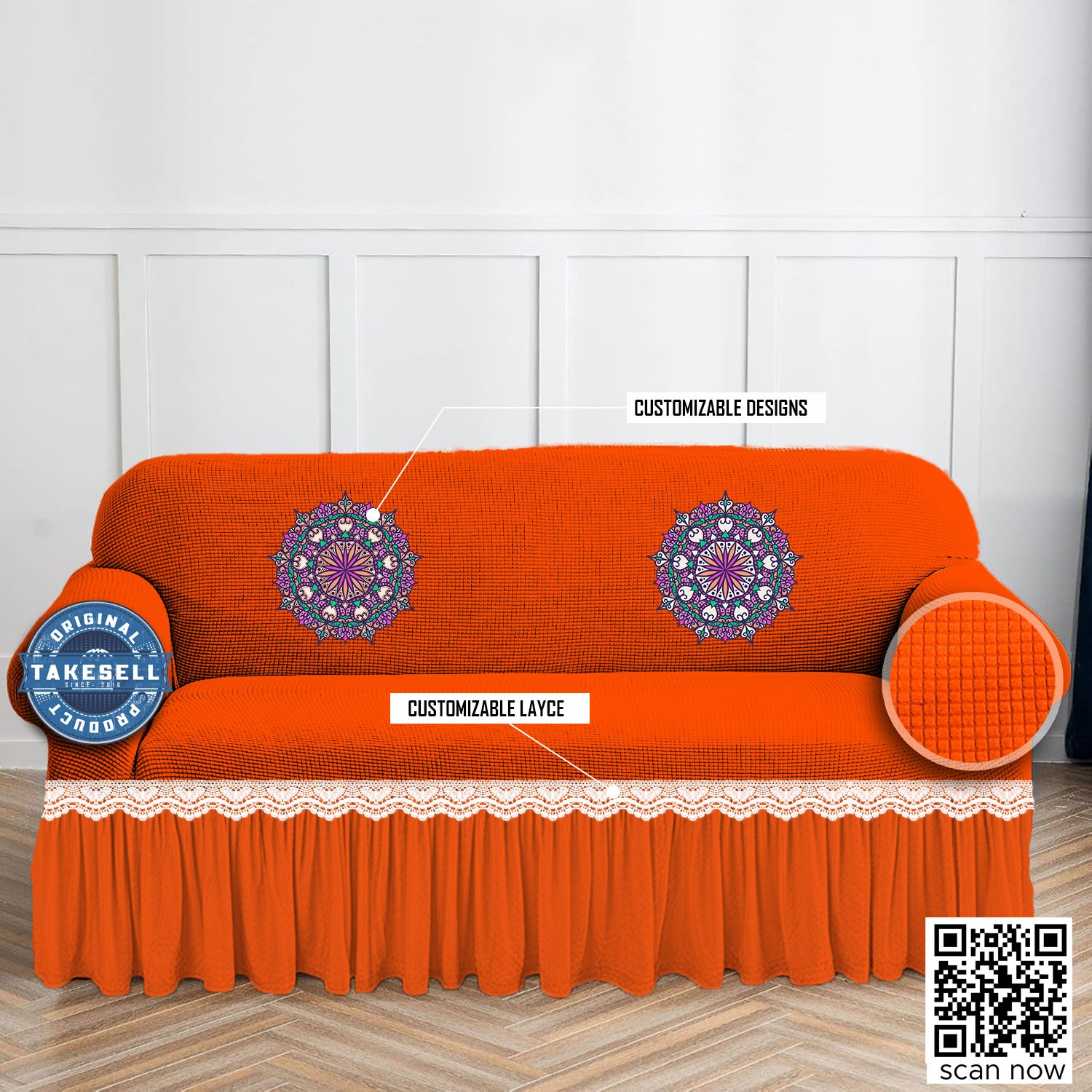 Honeycomb Textured Orange color Sofa Cover Set 1