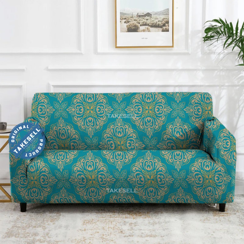 Regal Teal & Gold Damask Sofa Cover