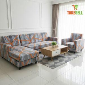 Modern Grey & Orange Geometric Stretch Sofa Cover - L-Shape Set