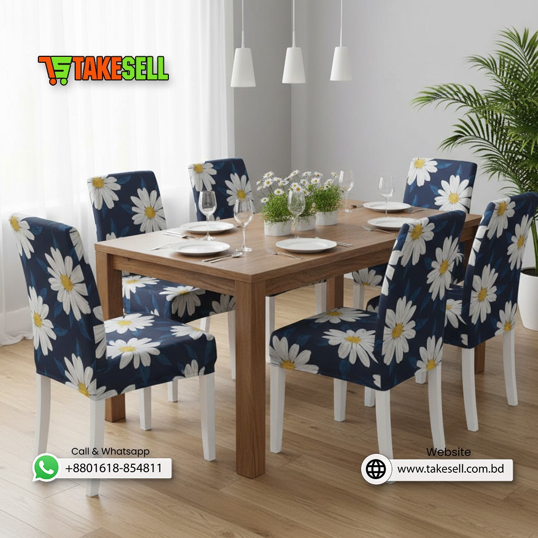 Navy Blue Large Daisy Floral Print Stretch Chair Cover