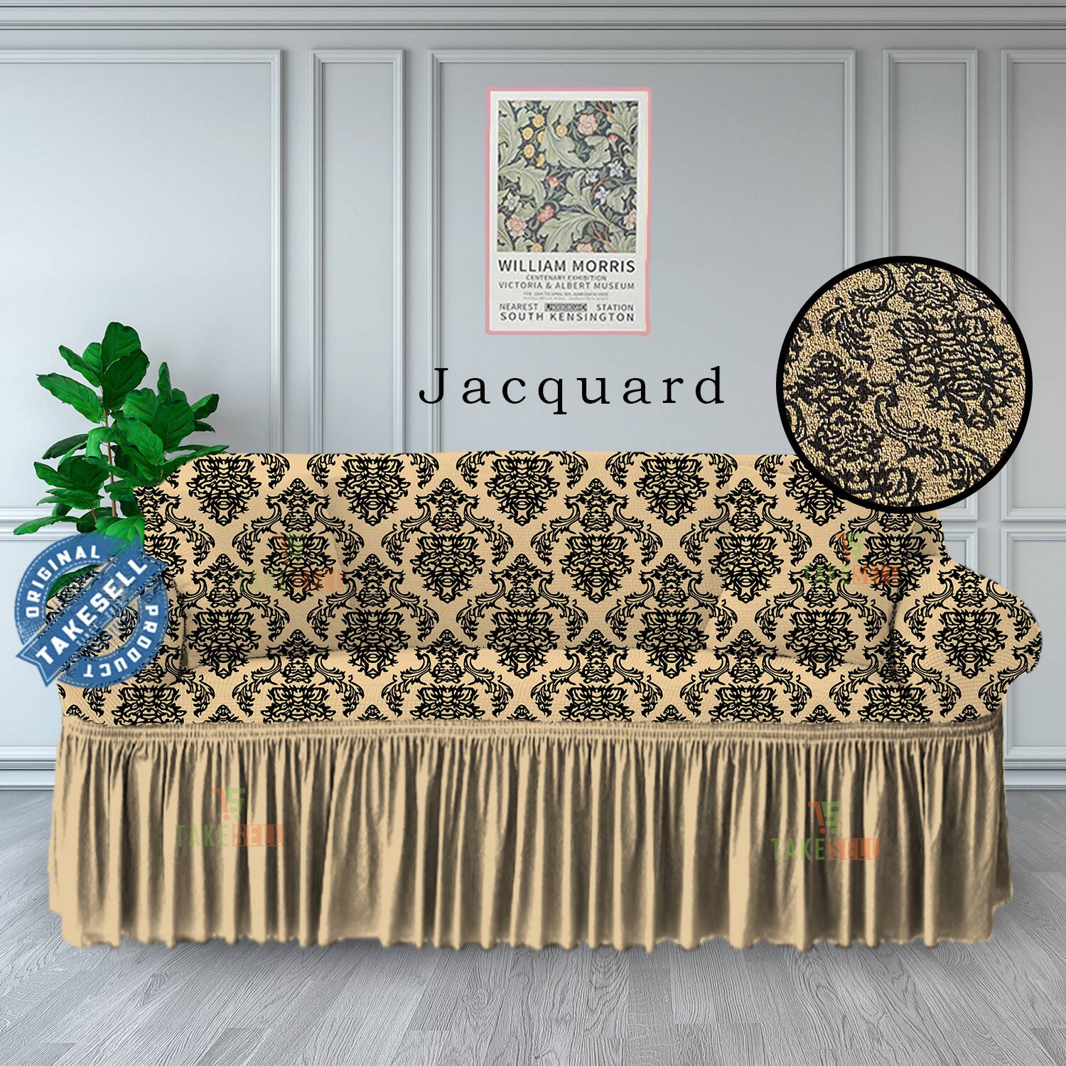 Luxury Beige Baroque Scroll Jacquard Sofa Cover