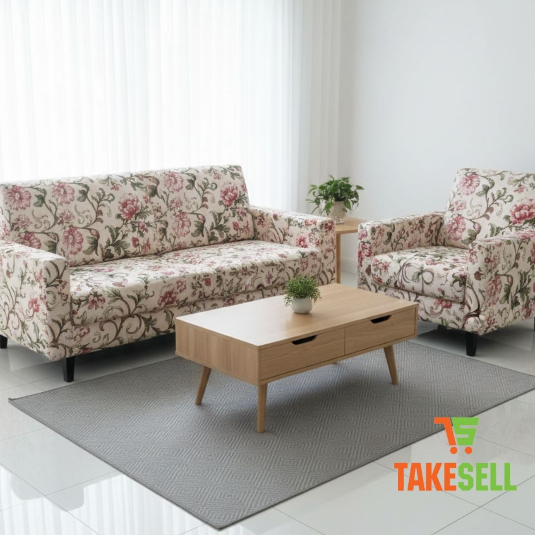 Soft Pink & Green Floral Vine Sofa Cover