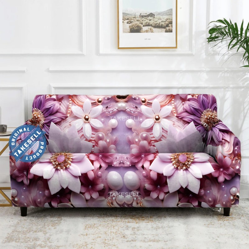 3D Digital Art Purple Floral & Pearl Stretch Sofa Cover