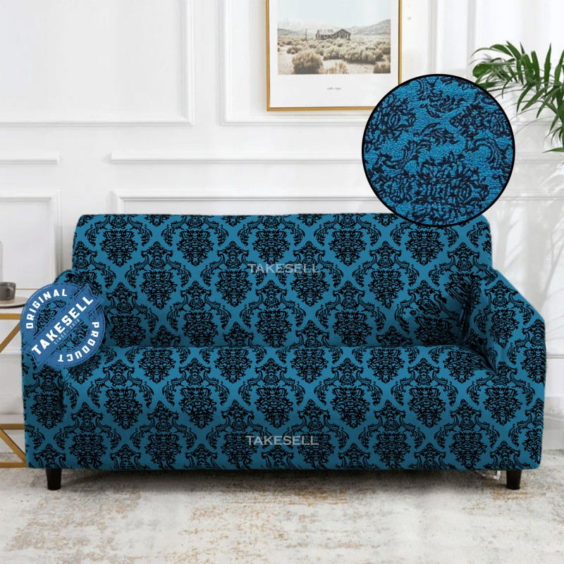 Teal Baroque Scroll Ruffled Jacquard Sofa Cover Full Spandex 2+2+1