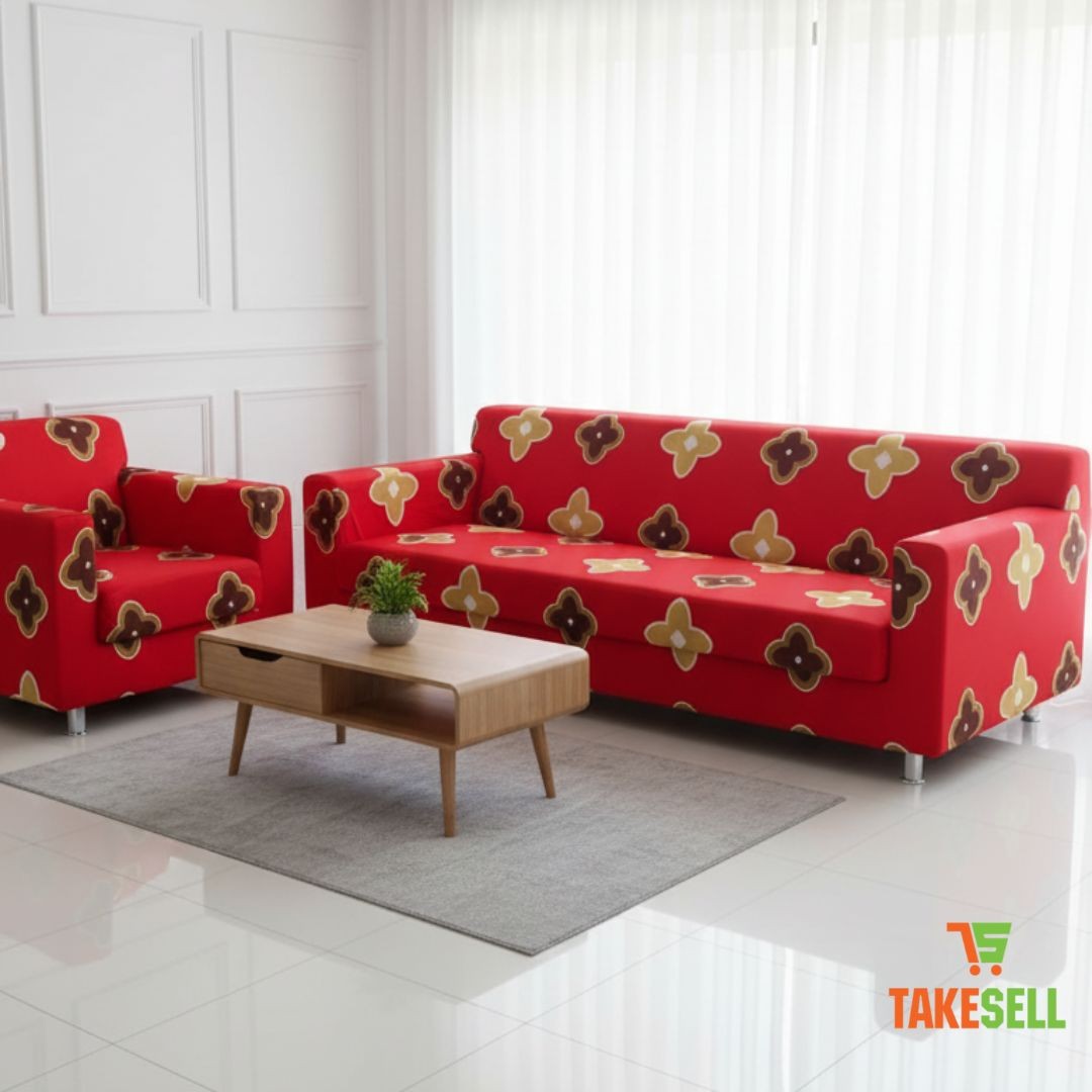 China Print Sofa Cover - Red & Gold Floral Pattern