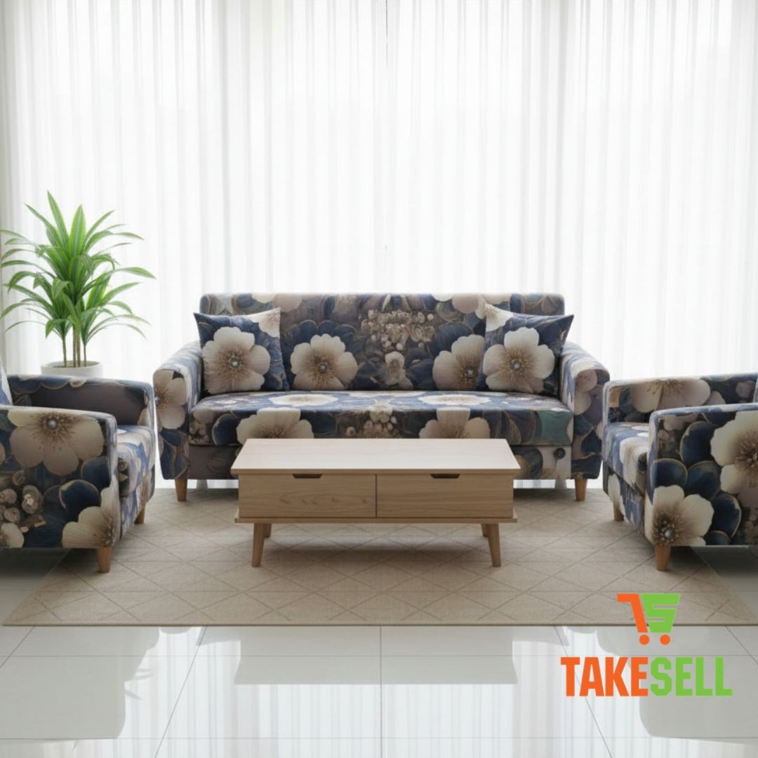 Smokey Blue Petals Sofa Cover 2+2+1