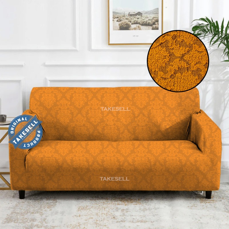 Gold Damask Ruffled Jacquard Sofa Cover Full Spandex 2+2+1