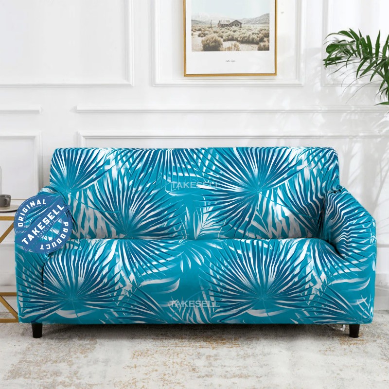 Turquoise & White Graphic Fan Palm Leaf Stretch Sofa Cover