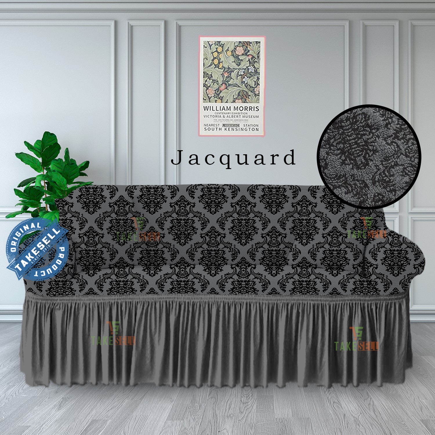Smoky Gray Baroque Scroll Jacquard Sofa Cover