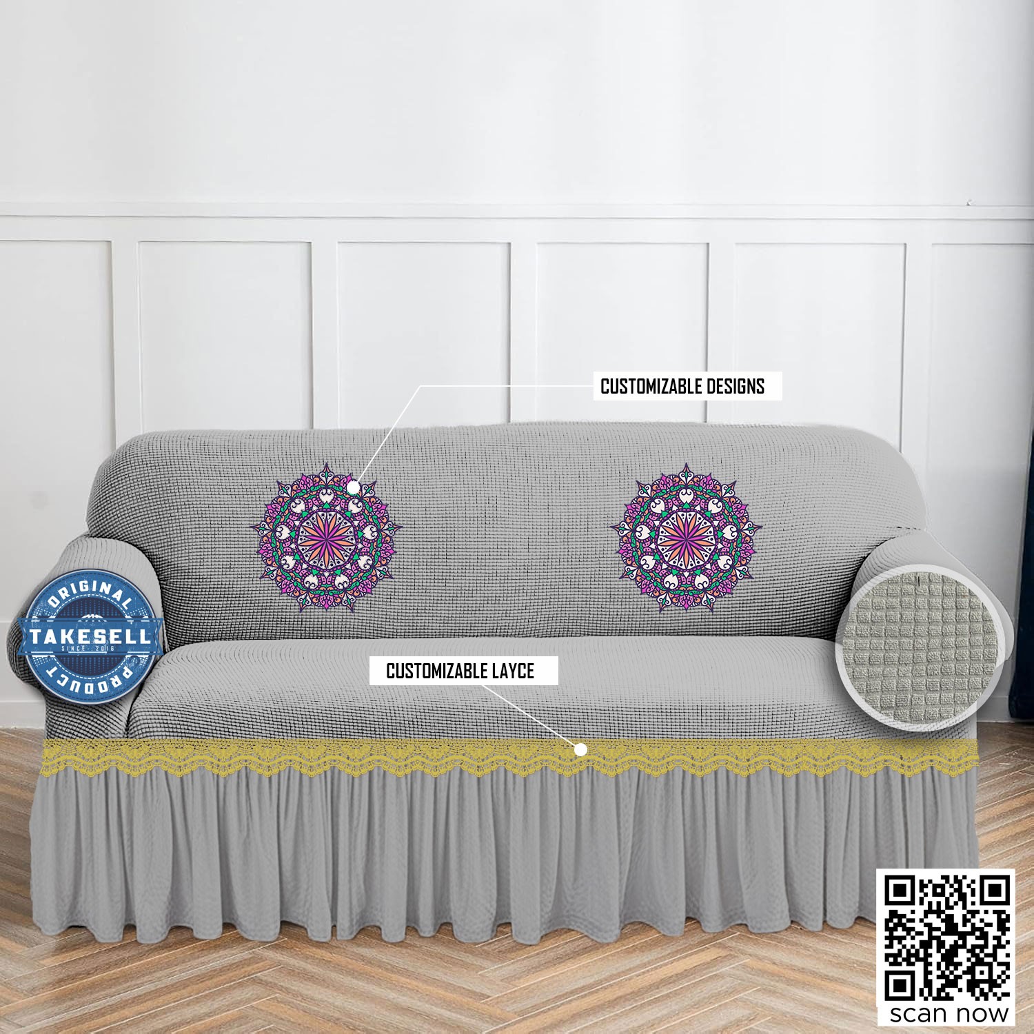 Combo Pack: Honeycomb Textured Silver Sofa Cover with FREE Cushion Cover
