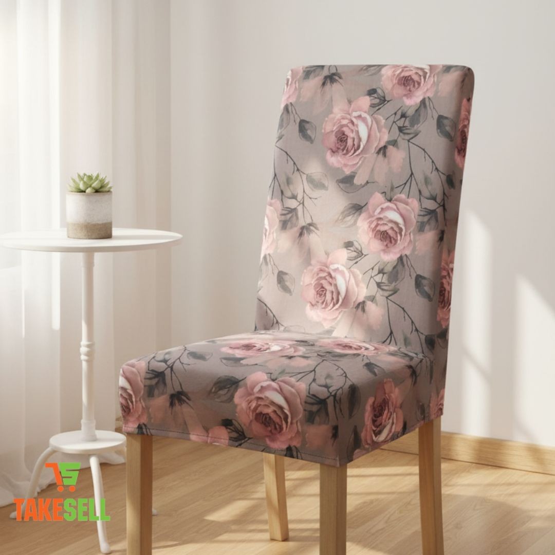 Dusty Rose Watercolor Floral Stretch Dining Chair Cover