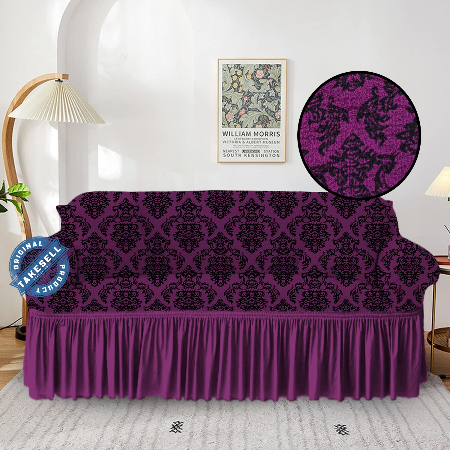 Regal Plum Damask Ruffled Jacquard Sofa Cover 2+2+1