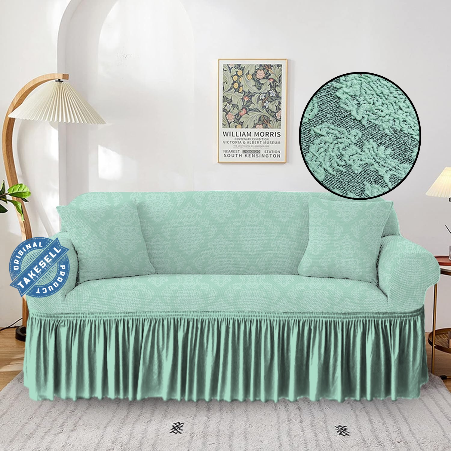 Mint Green Elegant Ruffled Jacquard Sofa Cover 2+2+1