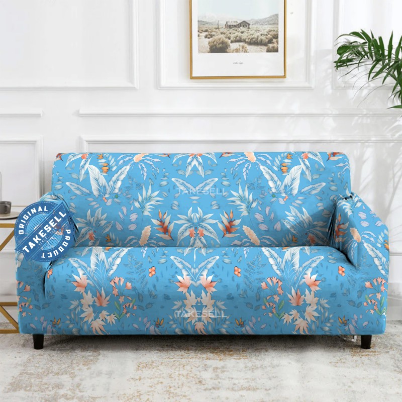 Sky Blue Tropical Bird of Paradise Floral Stretch Sofa Cover