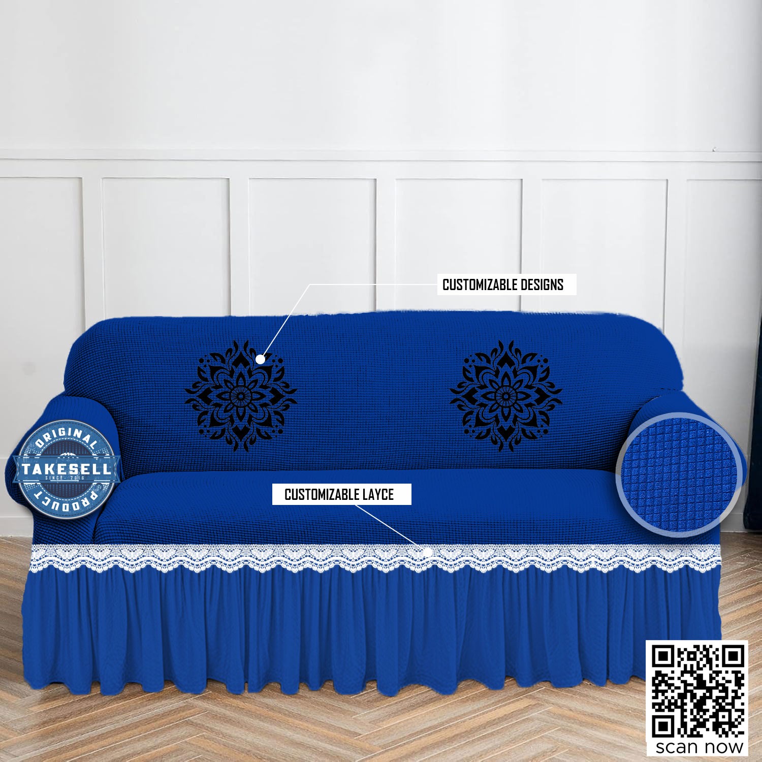 Combo Pack: Honeycomb Textured Royal Blue Sofa Cover with FREE Cushion Cover