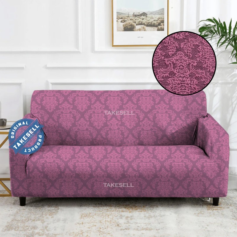 Vibrant Pink Damask Ruffled Jacquard Sofa Cover Full Spandex 2+2+1