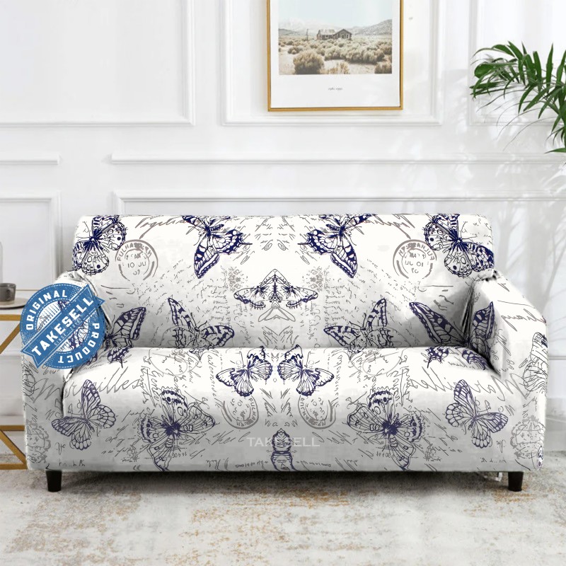 Vintage Blue Butterfly & Script Lettering Stretch Sofa Cover