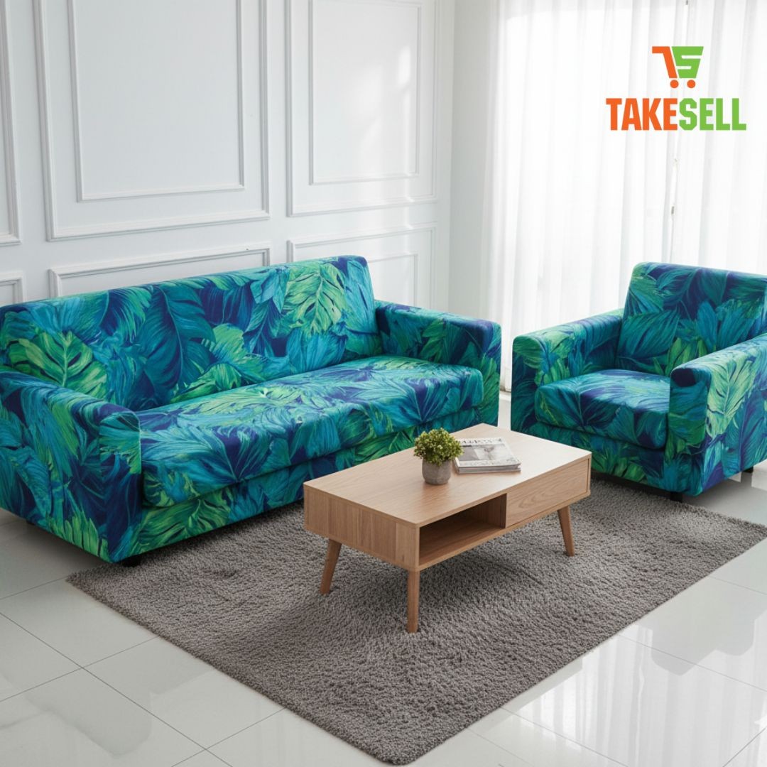 Modern Blue Floral/Abstract Elastic Sofa Cover