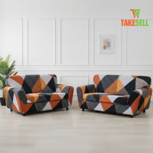 Bold Orange & Black Geometric Patchwork Stretch Sofa Cover (2 Seater)