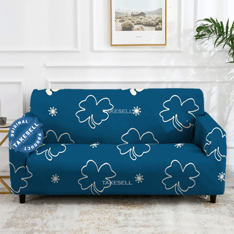 Royal Blue & White Four-Leaf Clover Stretch Sofa Cover