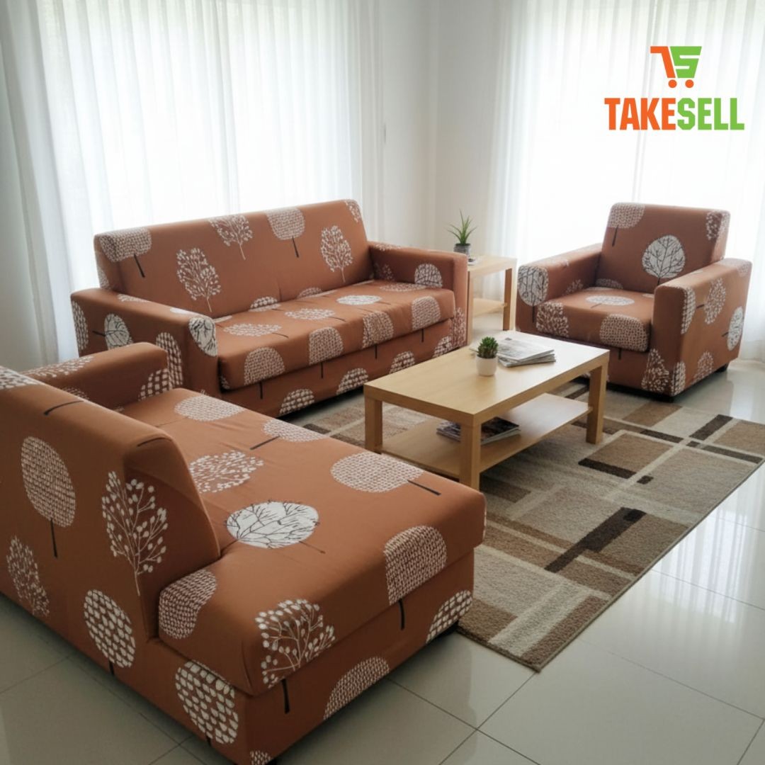 Soft Peach Floral Print Stretch Sofa Cover